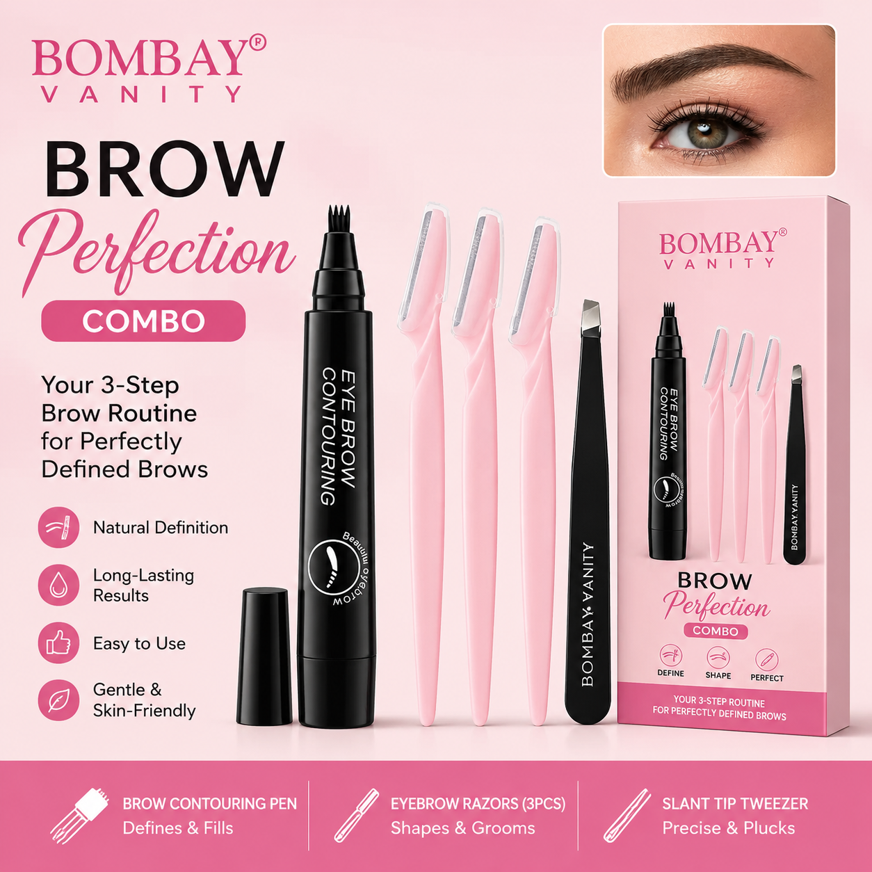 Brow Perfection Combo – Brow Tint Pen + 3 Eyebrow Razors + Precision Tweezers